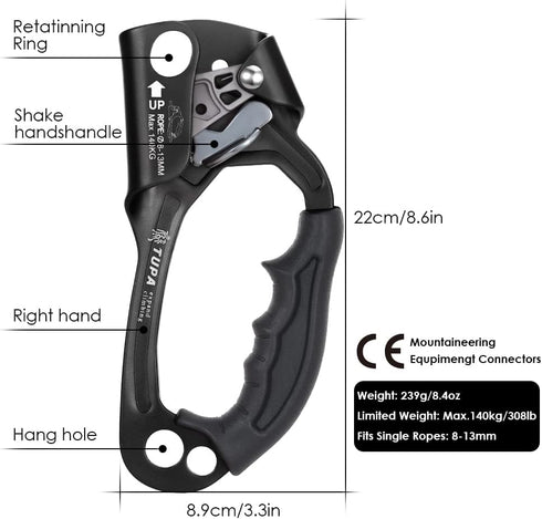 LIXADA Climbing Hand Ascender - 8-13mm Vertical Rope Access with Ergonomic Rubber Handle - CE Certified