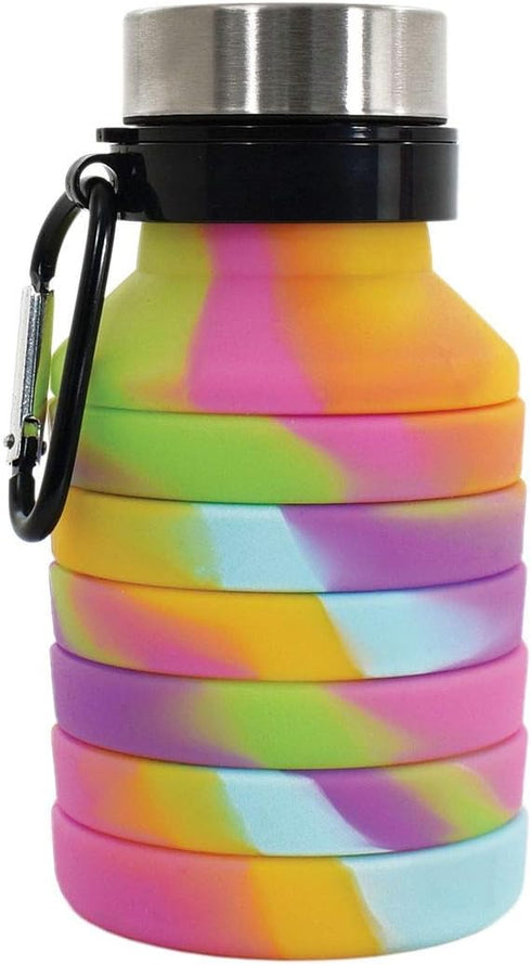 iscream BPA Free Collapsible Silicone Bottle with Carabiner, 18 oz, Rainbow Sherbert