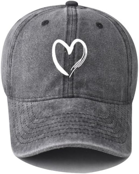 Women's Vintage Washed Baseball Cap | Adjustable Cute Heart Graphic Cotton Dad Hat