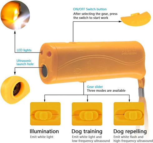 OYEFLY Handheld Dog Trainer - 3 in 1 with LED Flashlight, Bark Stopper Training Tool (Yellow)