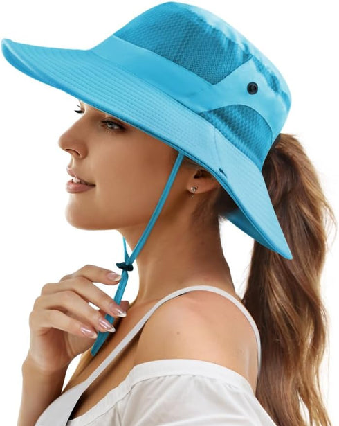 Muryobao Women Ponytail Sun Hat, Summer UV Protection Cap, Foldable Mesh Wide Brim Bucket Hat