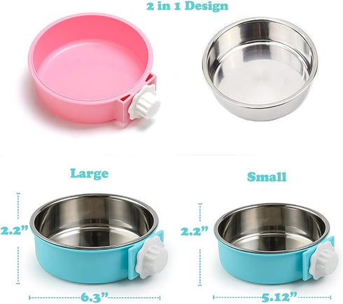 Love Dream Crate Dog Cat Bowls - Removable Stainless Steel Hanging Pet Cage Bowls, Food Water Feeder 2 Pack with Brush