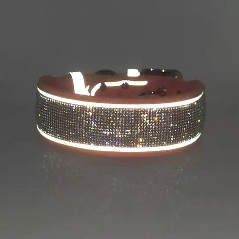 Dazzling Rhinestone Dog Collar, Soft Suede Reflective Crystal Diamond Collar for Medium & Large Dogs (L:19-23", Brown)