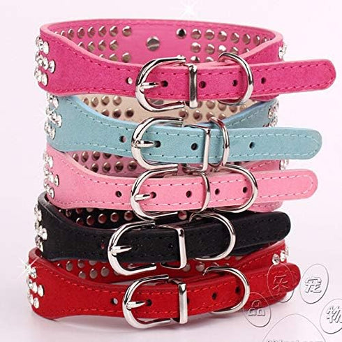 Cute Elegant Fancy Dazzling Sparkling Suede Leather 3 Rows Bling Rhinestone Crystal Small Pet Collar (Red, S)
