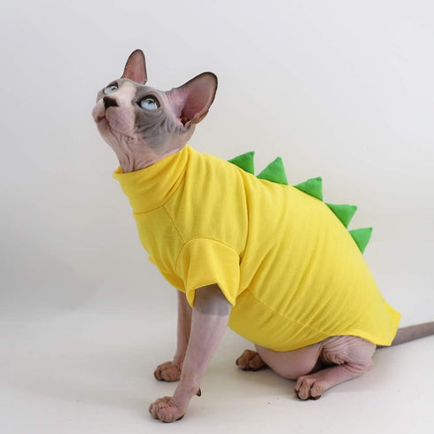 Dinosaur Design Sphynx Hairless Cat Clothes - L (6-8.8 lbs) | Cute Breathable Summer Cotton Shirts, Cat Costume