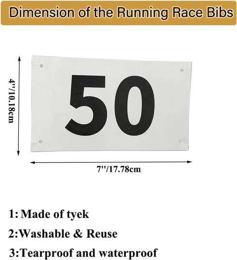 1-50 Pack Durable Waterproof Marathon Race Bibs with Large Numbers - with Safety Pins