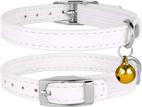 CollarDirect Leather Cat Collar, Safety Collar with Elastic Strap, Kitten Collar with Bell, 8-11 Inch, White