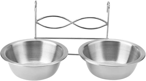 Stainless Steel Double Hanging Pet Feeding Station with Hook, Water and Food Bowls for Small Dogs and Cats