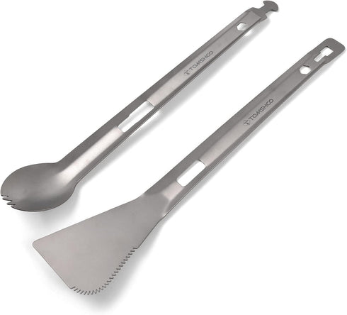 HUIOP Titanium Tongs, Multi-Purpose BBQ Serving Tongs with Spork and Serrated Spatula for Camping and Cooking
