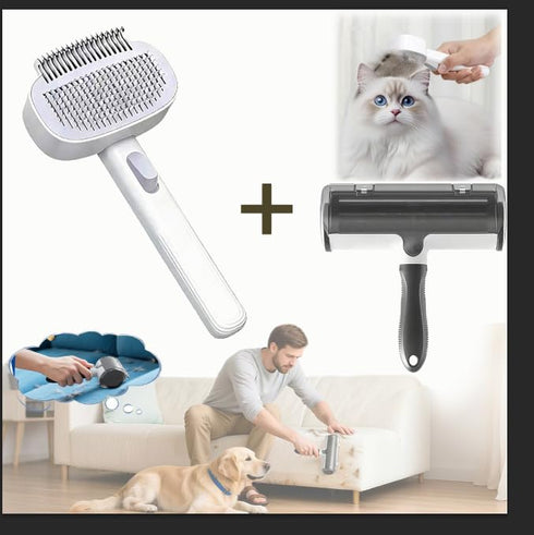 2-In-1 Pet Grooming Kit;Dog Brush For SheddingCat Brush For Long Haired Cats- Self-Cleaning Shedding & Detangling
