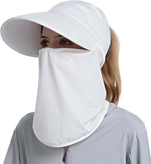 Women's Wide Brim Face Mask Sun Hat, Detachable Neck Flap, UV Protection Visor Hat for Garden Fishing