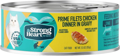 A Strong Heart Canned Wet Cat Food, Prime Filets Chicken Dinner in Gravy - 5.5 oz Cans (Pack of 24), Made in The USA with Real Chicken