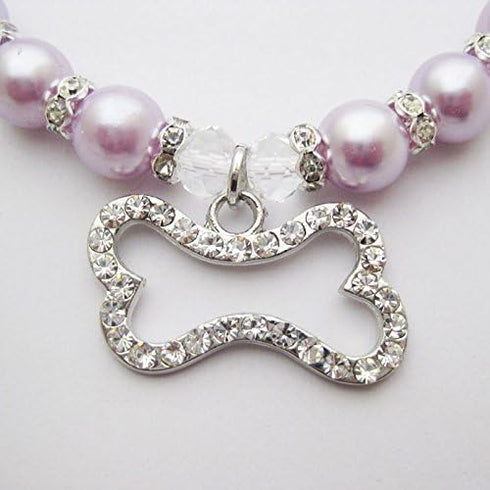 Crystal Dog Pearls Necklace with Bling Rhinestone Bone Charm for Small Dogs, Adjustable, Purple, 12-14 Inch
