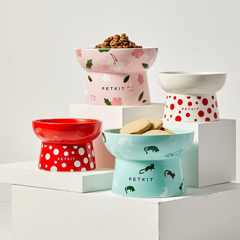 PETKIT Ceramic Raised Cat Bowls, Tilted Elevated Food Water Bowl for Puppy Kitten, Dishwasher Safe