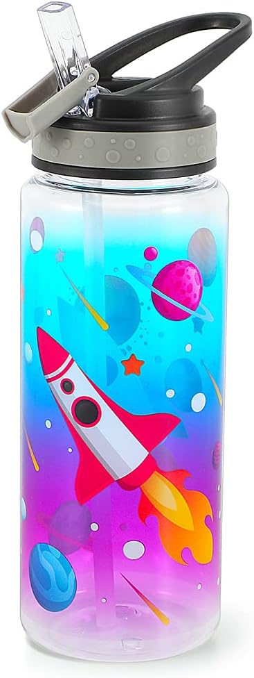 Home Tune 23oz Kids Water Bottle for School, BPA FREE, Leak Proof Flip Straw, Easy Clean - Rocket