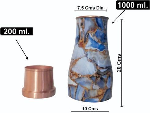 Ornate International Pure Copper Hammered Design Water Bottle, 1000 ml with Tumbler and Lid (Marble)