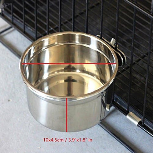 Stainless Steel Coop Cups with Clamp Holder for Dogs - Hanging Bowl, Metal Food Water Feeder for Small Animals