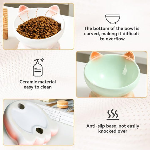 Elevated Cat Bowls, Whisker Friendly Tilted Ceramic Cat Bowls for Indoor Cats, Cute Gradient Color (White Pink)