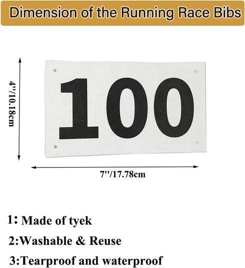 1-100 Durable Waterproof Race Bibs with Large Numbers - for Marathon Events