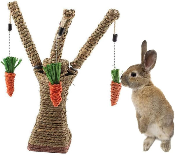 Pet Climbing Tree Toy - Rattan Grass Scratcher Activity Center with Carrot for Cat, Rabbit, Hamster, Small Animals
