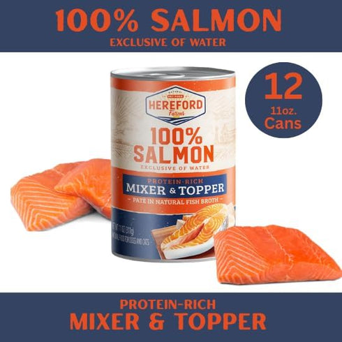 HEREFORD FARMS 100% 11oz. (12 Pack) Salmon Wet Dog Food (Exclusive of Water), All Natural Protein-Rich Mixer and Topper