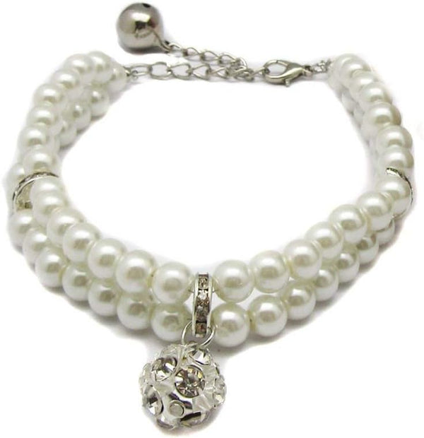 2 Row Pearls Rhinestones Pet Necklace Collar Jewelry for Cats & Small Dogs, Bling Crystal Ball Charm, White, 8 to