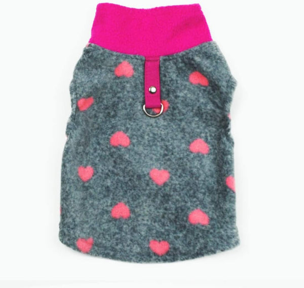 Dog Sweater - Soft Fleece Vest with Leash Ring Pullover Jacket for Small Dogs, Grey Heart, M