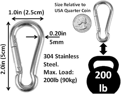Heavy Duty Bushcraft Stainless Steel Carabiner Spring Snap Clip Link Hooks, 200-500lb Load, 2-12 Packs