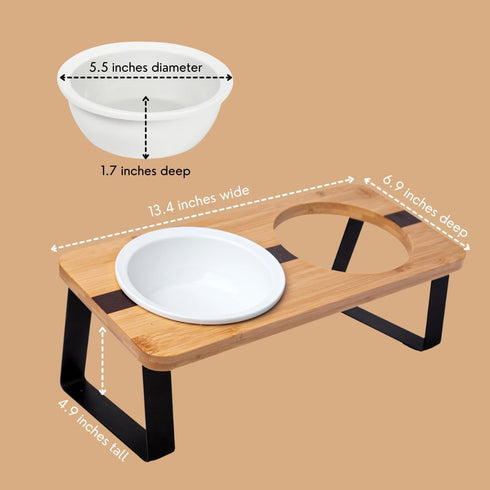Elevated Cat Ceramic Bowls Stand for Food & Water, Anti-Vomit, Tilted Feeding Position, Bamboo Body Stand