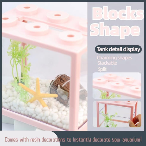 Small Betta Fish Tank, Stackable Mini Fish Tank Tiny Aquarium Tank Kit with Aquarium Gravel & Resin Decorations, 0.6 Gallon Cube Desktop Fishbowl for Snails, Crabs, Starfish (Pink)