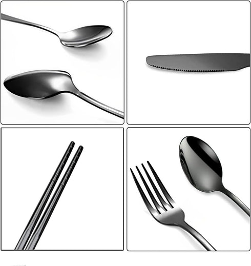 Travel Utensils Set, 18/8 Stainless Steel 4pcs Cutlery, Portable Camp Reusable Flatware with Case (Black)