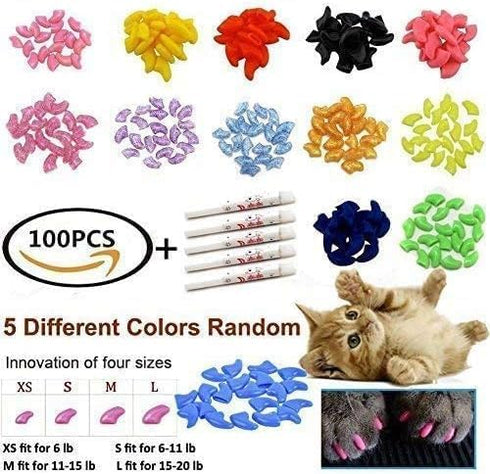 100pcs Cat Nail Caps Kitten Caps with 5pcs Adhesive Glue + 5pcs Applicators + Instruction