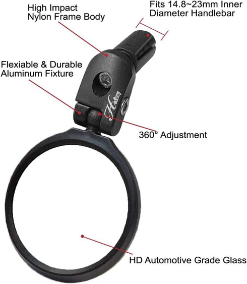 Hafny HD Bar End Bike Mirror - Blast-Resistant Glass Mirror, HF-MR090, HF-M951S-FR03, 2PCS (Silver Glass, 62mm)