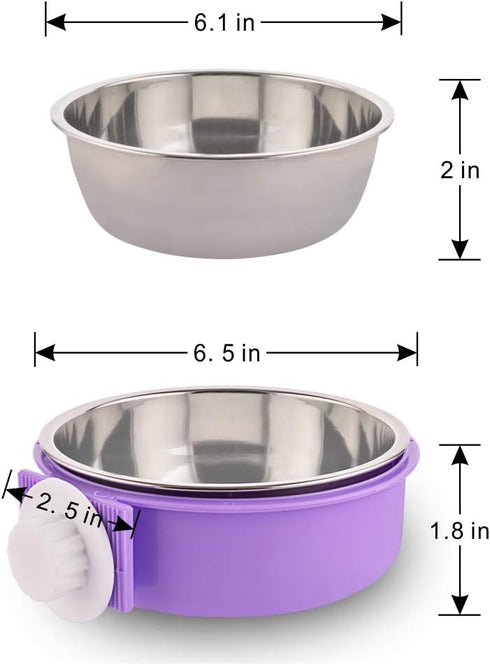 Crate Dog Bowl Removable Stainless Steel Water Food Feeder Bowls - Cage Coop Cup for Cat Puppy Bird Pets (Large, Purple)