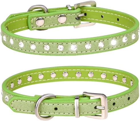 Cute Dazzling Sparkling Elegant Fancy Small Pet Cat Dog Puppy Collar, 1 Rows Bling Rhinestone Crystal, Suede Leather