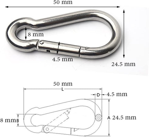 ReNext 4 Pack 2 Inch Stainless Steel 304 Spring Snap Link Hook Carabiner, Set of 4, Not for Climbing