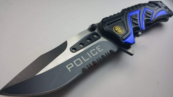 Mtech 8" Police Blue/Black Spring Assisted Folding Knife, Pocket Open Switch