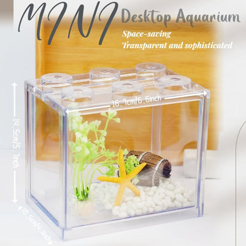 Small 0.6 Gallon Betta Fish Tank Kit, Stackable Mini Aquarium with Gravel & Resin Decorations, Clear Desktop Fishbowl