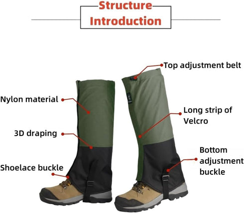 Waterproof Hiking Gaiters with Rubber Foot Strap, Lightweight Adjustable for Men and Women Hiking, Skiing
