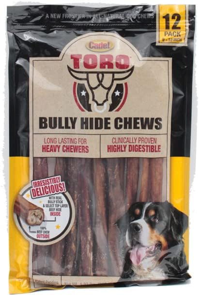 Cadet Toro Bully Hide Sticks, All-Natural Dog Chews, 9"-12" (Pack of 12)