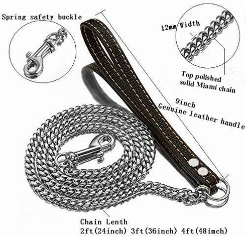 Heavy Duty Stainless Steel Dog Chain Leash, 3FT/4FT/5FT Cuban Link Metal Leashes with Genuine Leather Handle