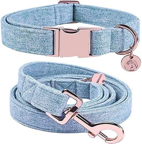DOGWONG Cotton Dog Collar and Leash, Soft Durable Blue Pet Collar for Small Medium Large Dogs