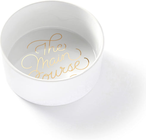 Brass Monkey Main Course Pet Food Bowl; Durable White Ceramic Pet Bowl; Metallic Gold Lettering; Measures 7” in diameter by 3” tall; 40-ounce capacity; Eye-Catching Design; Complements any décor style
