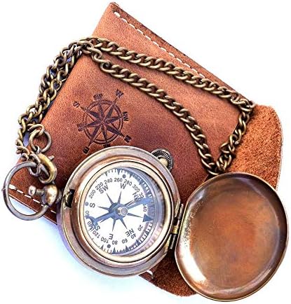 THOR INSTRUMENTS Handmade Nautical Brass Push Open Compass On Chain with Leather Case Pocket
