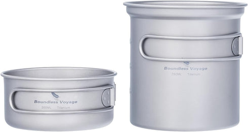 iBasingo 2 Piece-Set Titanium Bowl Pot Set with Folding Handle for Outdoor Cooking