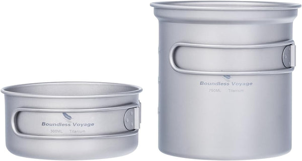 iBasingo 2 Piece-Set Titanium Bowl Pot Set with Folding Handle for Outdoor Cooking
