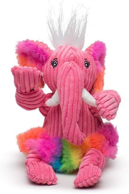 HuggleHounds Knottie Plush Dog Toy, Squeaky Stuffed Animal Toy for Small, Medium & Large Dogs, Rainbow Elephant