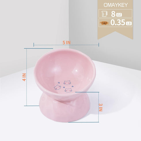 OMAYKEY Ceramic Raised Cat Bowls, Tilted Elevated Food and Water Bowls for Cats and Small Dogs, White & Pink, Set of 2