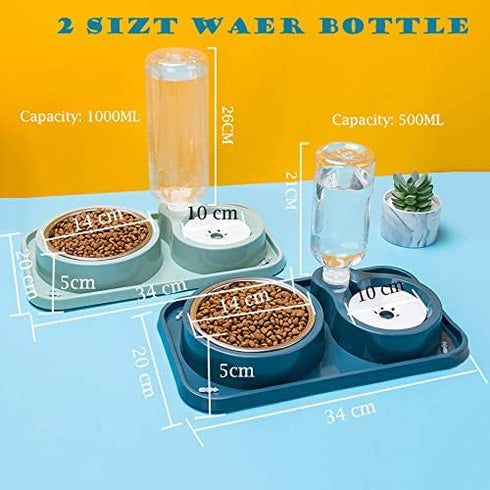 Double Dog Cat Bowls, Pet Water and Food Bowl Set, Automatic Water Dispenser, No-Spill Design