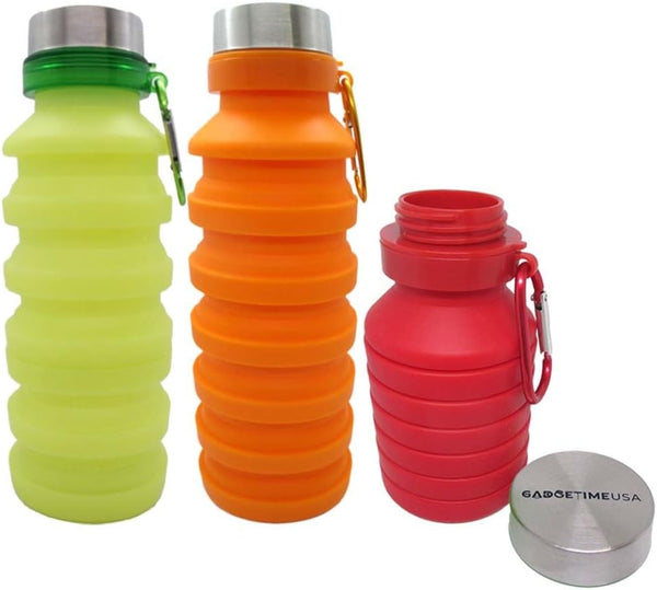 Gadgetime USA 3 Pack Silicone Collapsible Water Bottle - Reusable, BPA Free, Foldable Portable